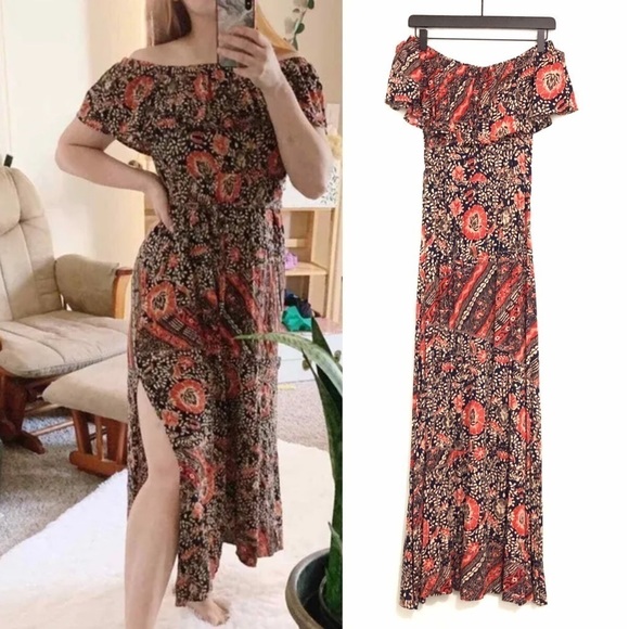 Lulu's Maxi Dress Flounce Neckline Off-The-Shoulder EUC Floral Women's Small - Picture 1 of 11